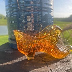 Vintage FENTON Art Glass Shoe Hobnail Amber Cat Head Victorian Boot Slipper tag